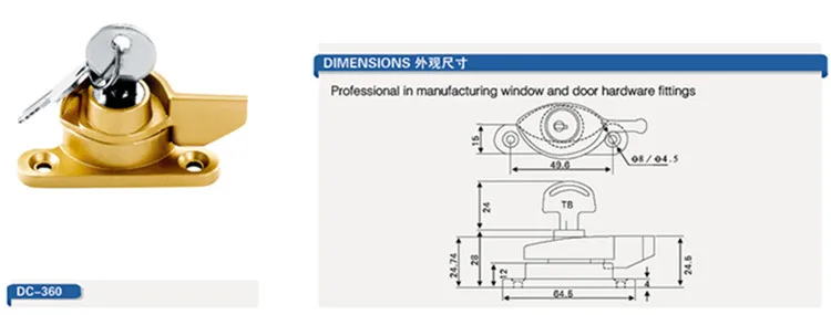 Металлический DC-360 KEYI золотистый оконный замок из цинкового сплава с полумесяцким замком раздвижной ключом