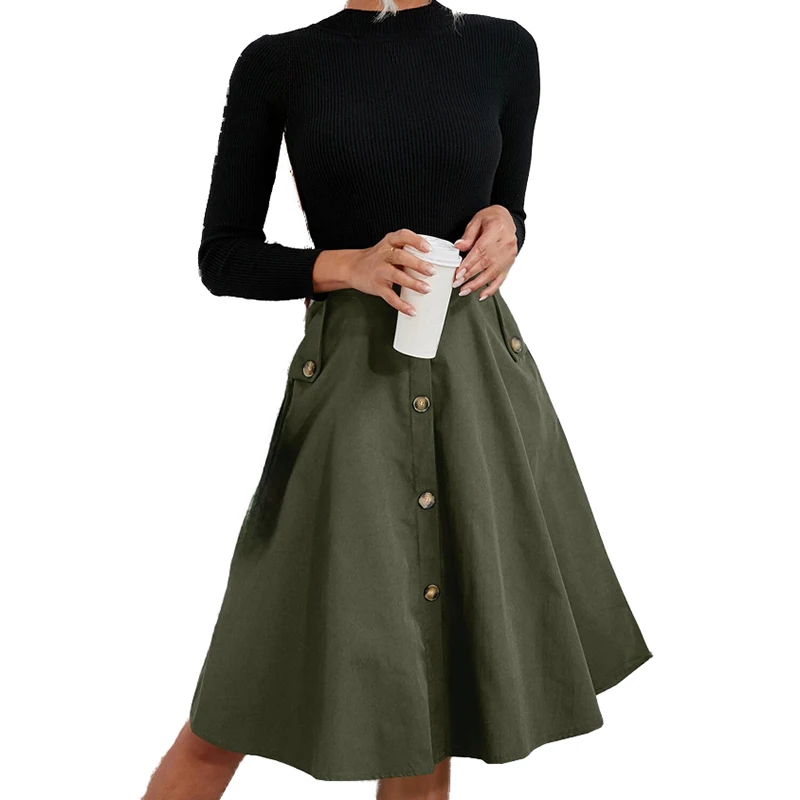 Wholesale custom OEM high quality Womens dress hot models pockets buttons waisted elegant umbrella skirt French Midi skirt