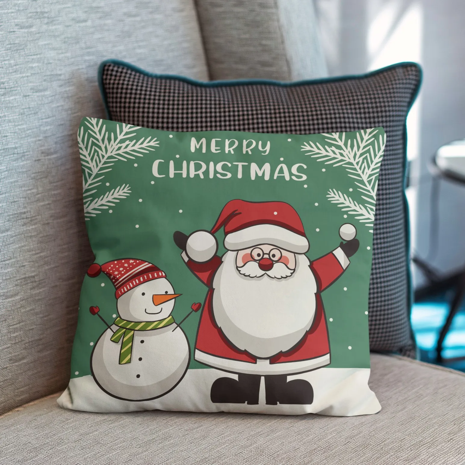 Christmas green snowman elk print pillow, living room sofa soft waterproof pillowcase,sublimated blank silk letter cushion cover