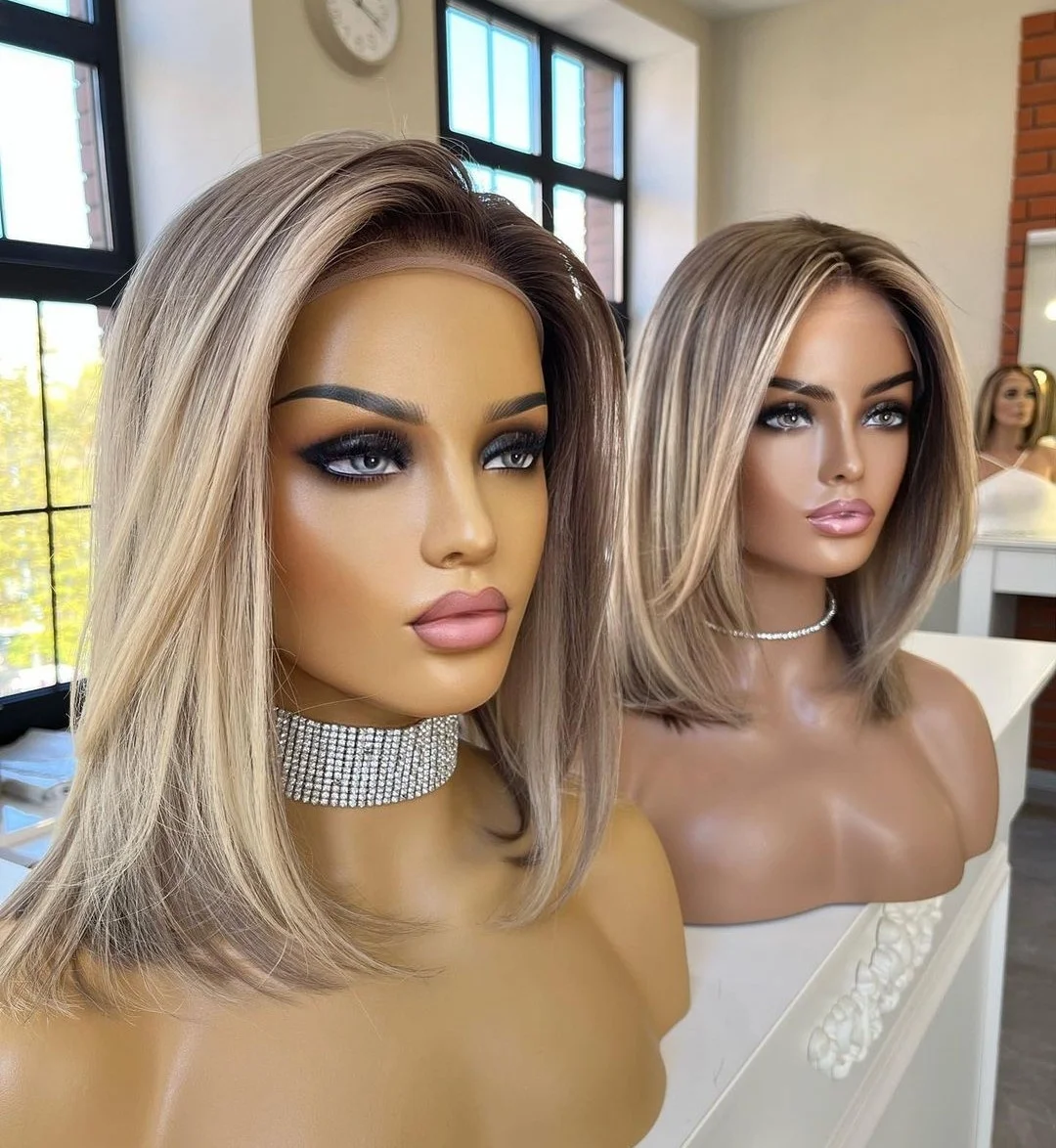 Silk Base Jewish Wig Highlight Ash Blonde Color Bob Style Popularity Remy European Human Hair Lace Front Wigs