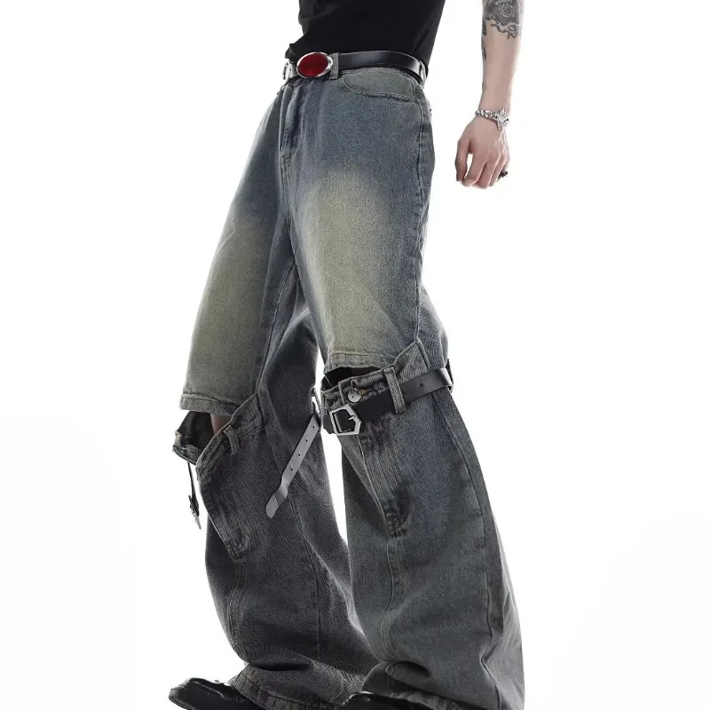 Blue team custom vintage wash loose flared grey hole oversized men denim pants manufacturer fashion hip hop mens jeans