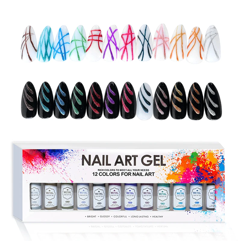 Painted Metallic nail art Gel Nail Polish Set 12 Colors Platinum Metal Liner Gel Champagne Glitter Glow in the Dark Luminous Gel