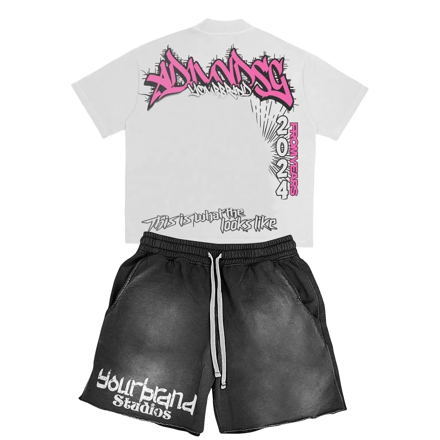 2024 New Arrival Custom Brand Name T Shirt Acid Wash Shorts Men 2 Piece Summer Set