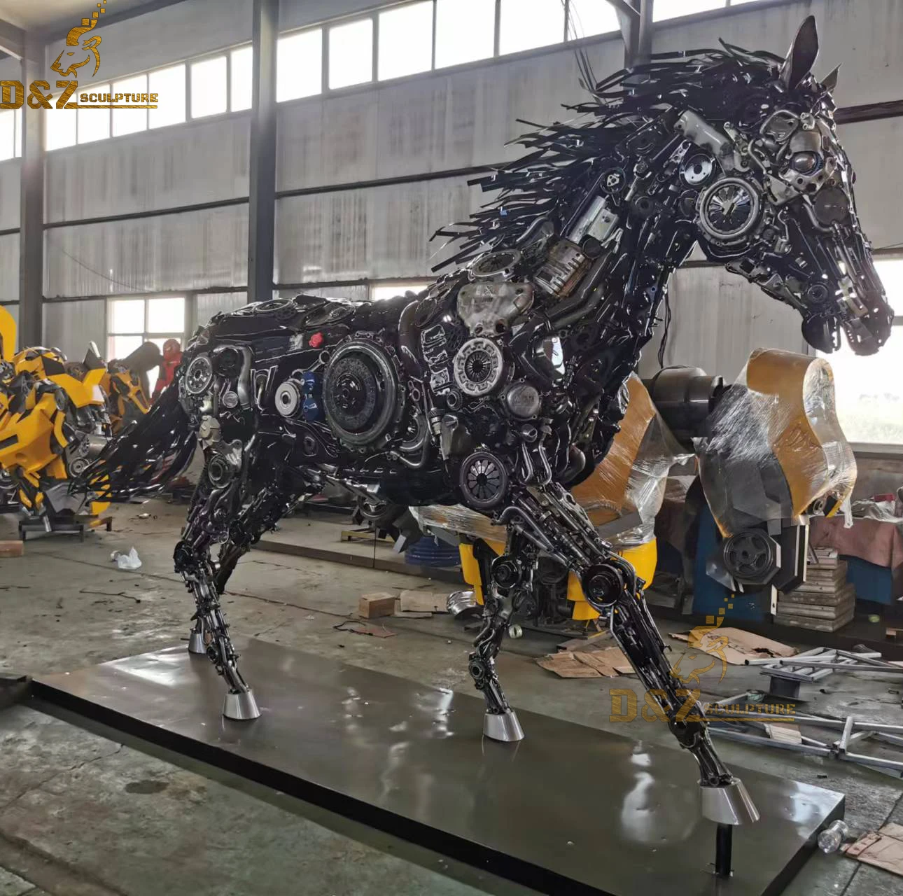Large Outdoor Transformer Custom Made Sculpture Robot and Horse Metal Welded Scrap Metal Sculptures