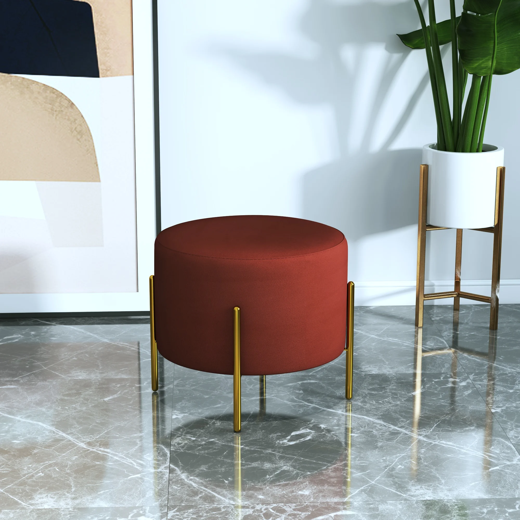 Custom made modern velvet ottoman stool multi functional red footstool with metal legs