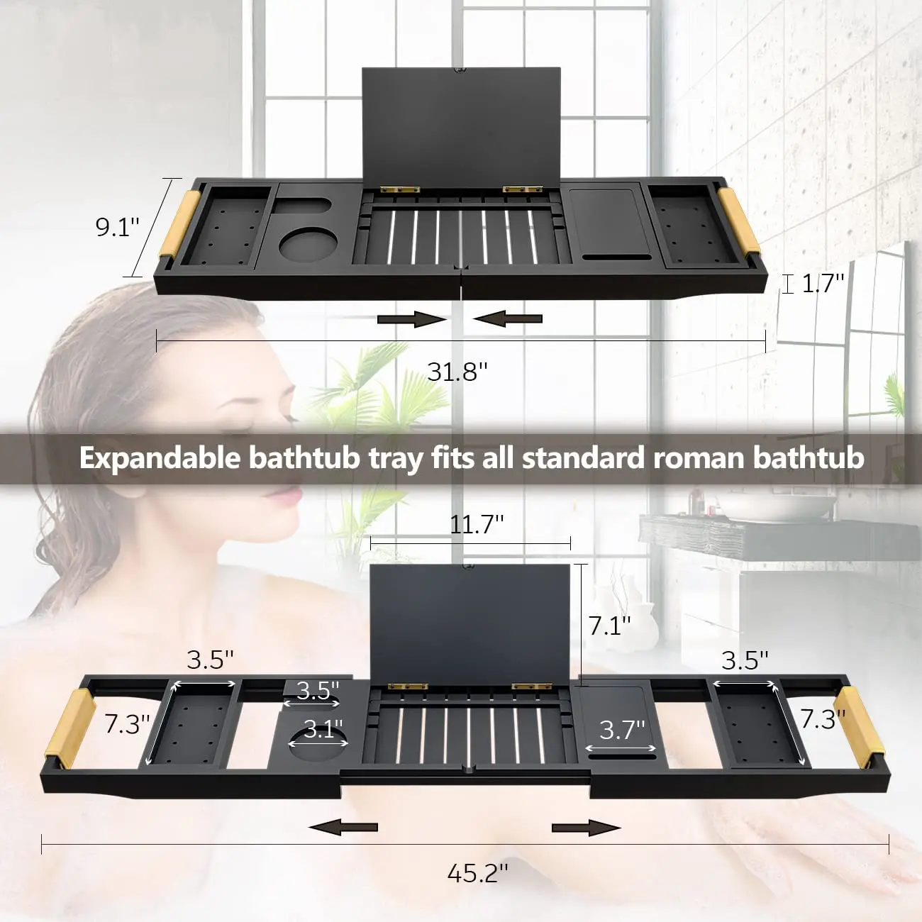 Bathtub Tray Bath Caddy Trays for Tub - Expandable Board and Book Stand Bamboo Bathtub Caddy Trays