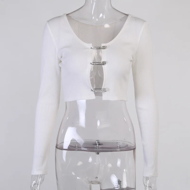 Hot Sales Sexy White Hollow Out T-shirt Women Rib Knitted Long Sleeve Cardigan Tees Solid Crystal Pin Slim Short Tops Streetwear