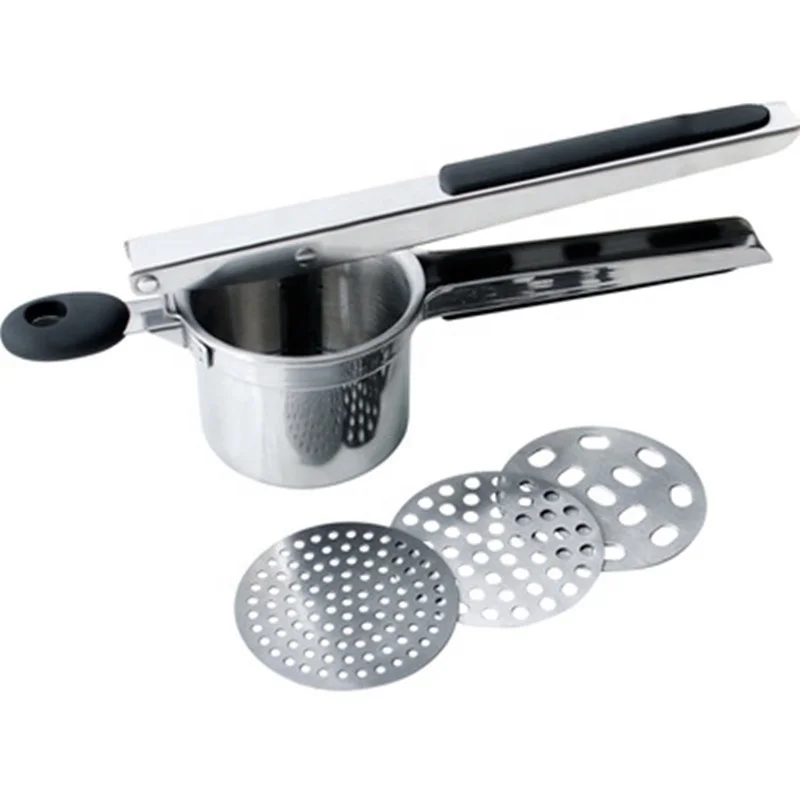 Good grip silicone handle three finesse degrees switchable food grade 430 metal masher potato ricer stainless steel