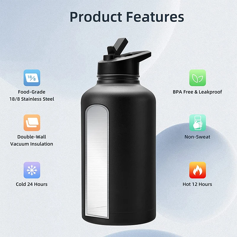 Costom Logo BPA Free Thermos 64 oz Straw Lid Half Gallon Jug Wide Mouth Stainless Steel Sports Gym Water Bottle