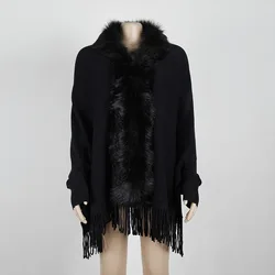 Sweater Oversize Autumn Winter Clothes Women Fur Collar Shawl Cape Streetwear Knitted Tassel