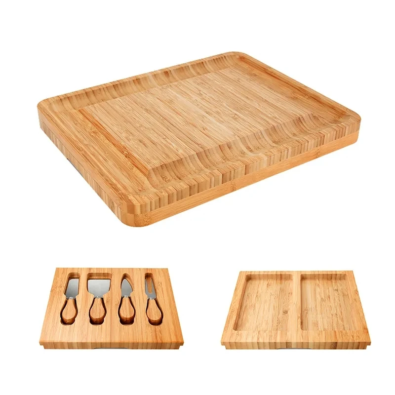 Bamboo Cheese Board with Cheese Tools, Cheese Plate Charcuterie Platter with Utensils Set and 4 Stainless Steel Cutting Knives