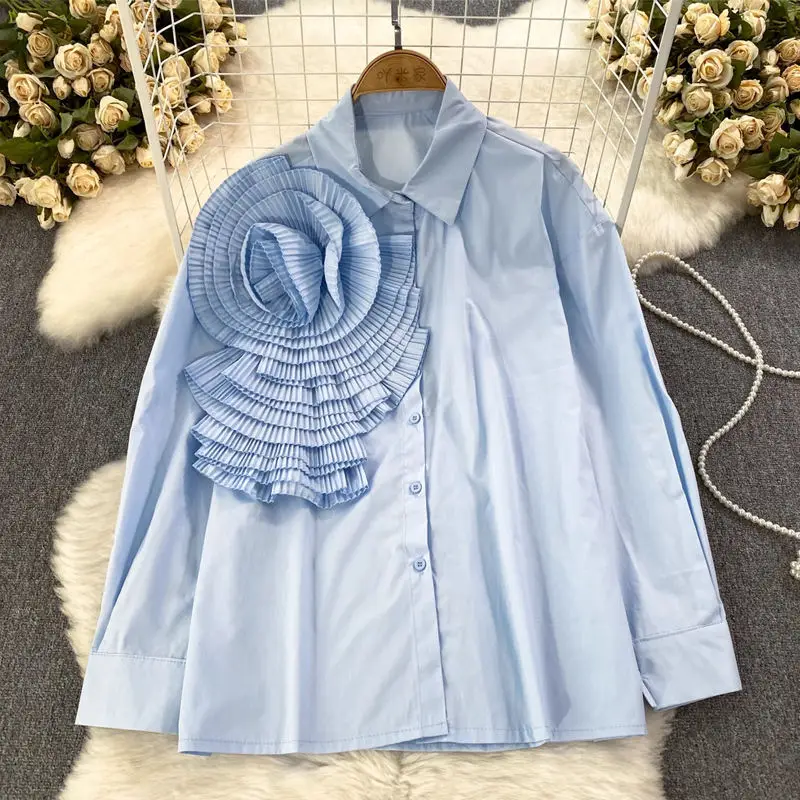 Custom Autumn Fashionable Long Sleeve Sweet Blouse Flower Decoration Loose Shirt For Women Casual Korean Style Top Outwear