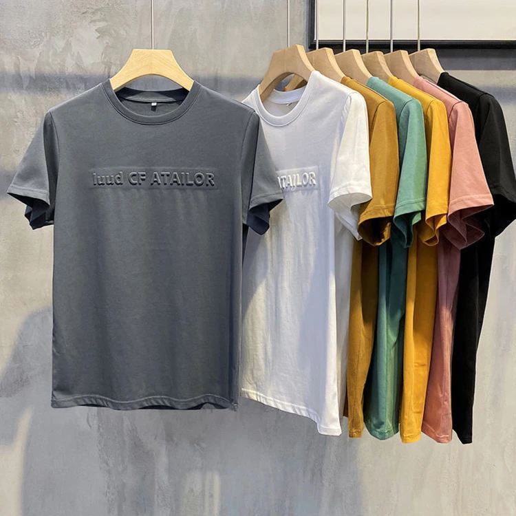 Wholesale 100% Cotton Embossed Solid Color T-shirt Custom Logo Embossed Adult Short Sleeve T shirt