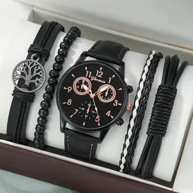 Leather Quartz Watch Bracelet Set for Men Charm Natural Stone Beaded Bracelet Wristwatch Jewelry