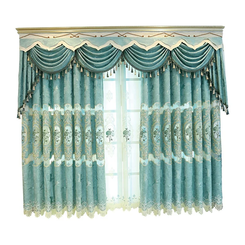Chenille Blue Blackout Luxury Window Curtains European Embroidered Living Room Bedroom Curtain High-End Villa Curtain