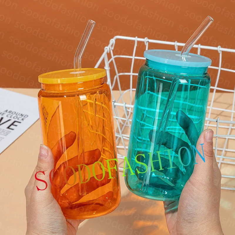 Hot sale Us warehouse 16 oz Beer straight glass can sublimation flask water bottles tumblers with plastic lid and straw