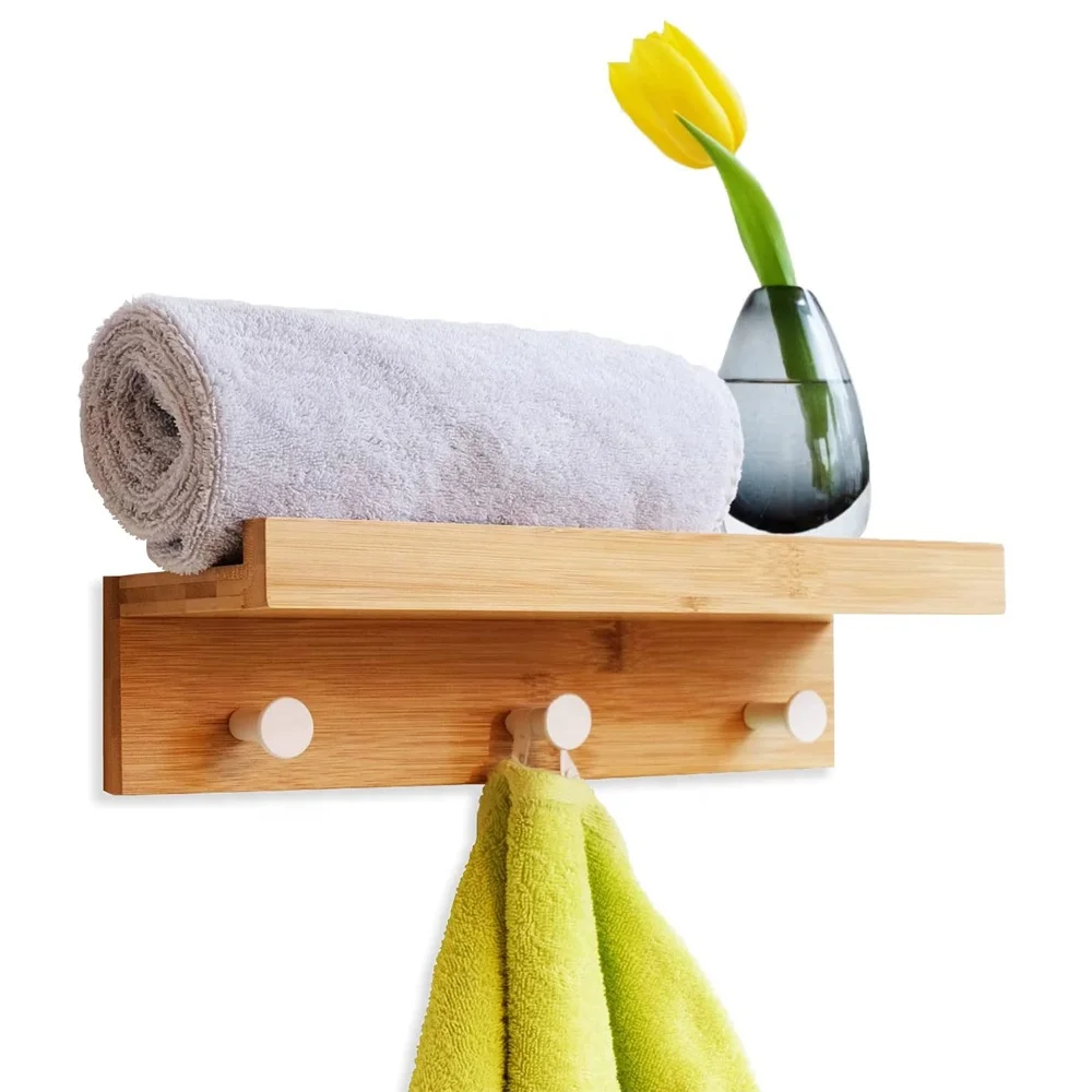 Wooden Floating Shelves Wall Storage Shelf Towel Rail Wall Hooks & Coat Racks for Entryway, Kitchen, Bathroom
