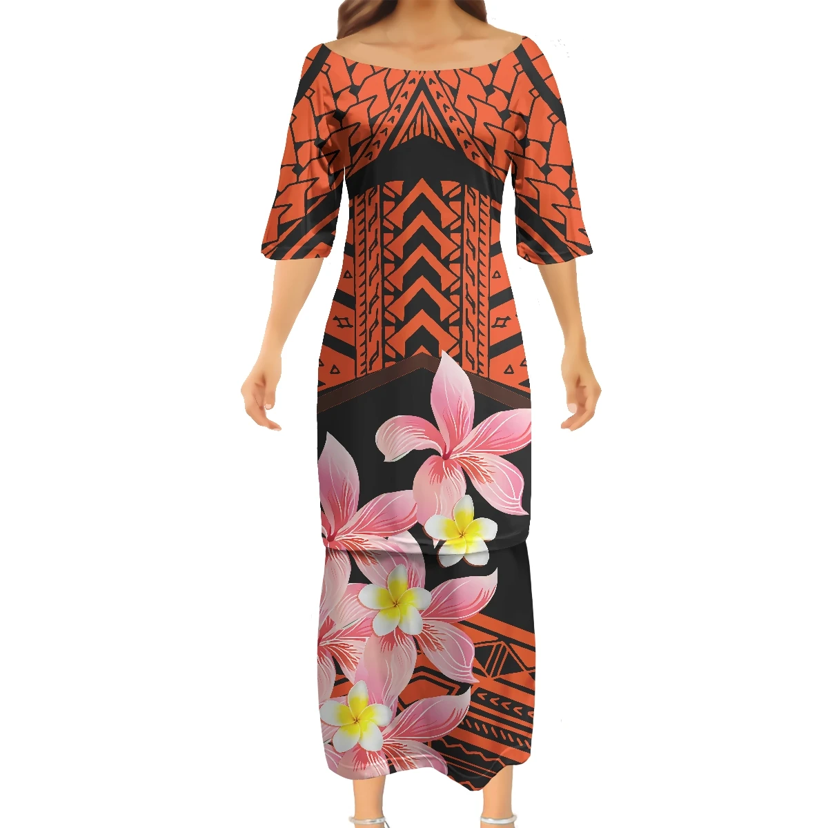 Summer Custom Maxi Casual Dresses Polynesian Tattoo Ladies Dress Big Round Neck Puletasi Half Sleeve Top and Skirt Set Female