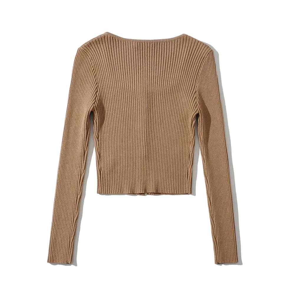 W212 5 colorway ribbed stretchy square collar vintage retro design single breasted cropped cardigan women knitted sweater