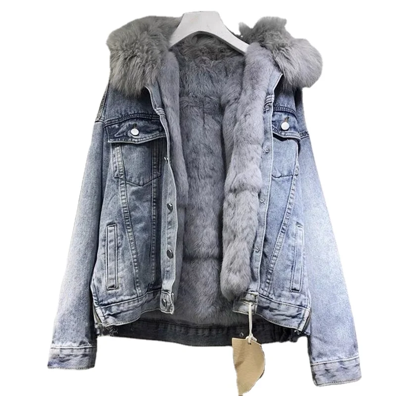 autumn winter new fashion fur jean jacket women denim coat fur lining vintage casual jacket