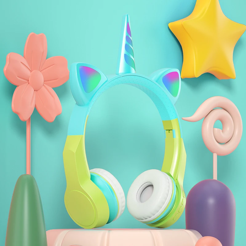 New Unicorn Wireless Kids Headset Cat Ears Cute Colorful Music Stereo Earphone Girl LED Light Headphones