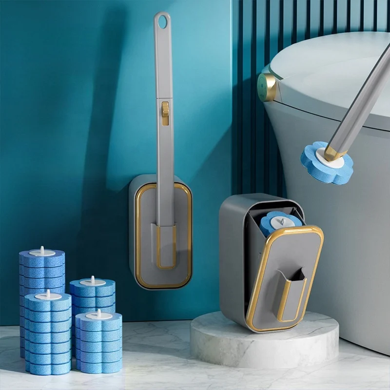 Customized Toilet Brush with 6PCS Disposable Self Cleaning Sponges Cleaning Agent Home Cleaning System Toilet Brush Holder