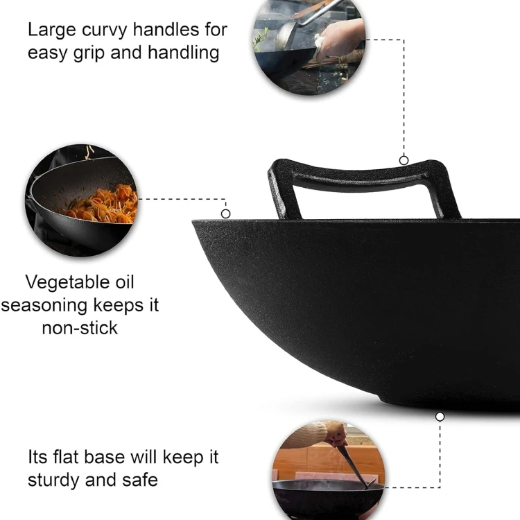 Customized Preseasoned Chinese Non Stick Cast Iron Woks Pan Heavy Duty Cooking Pot Cast Iron Wok With Cover Lid