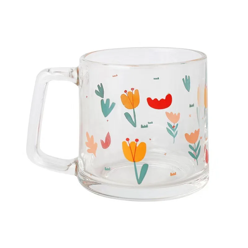 330ml Creative Glass Ins Cute Little Daisy Tulip Strawberry Prints Breakfast Glass Cup Household Water Cup Mug