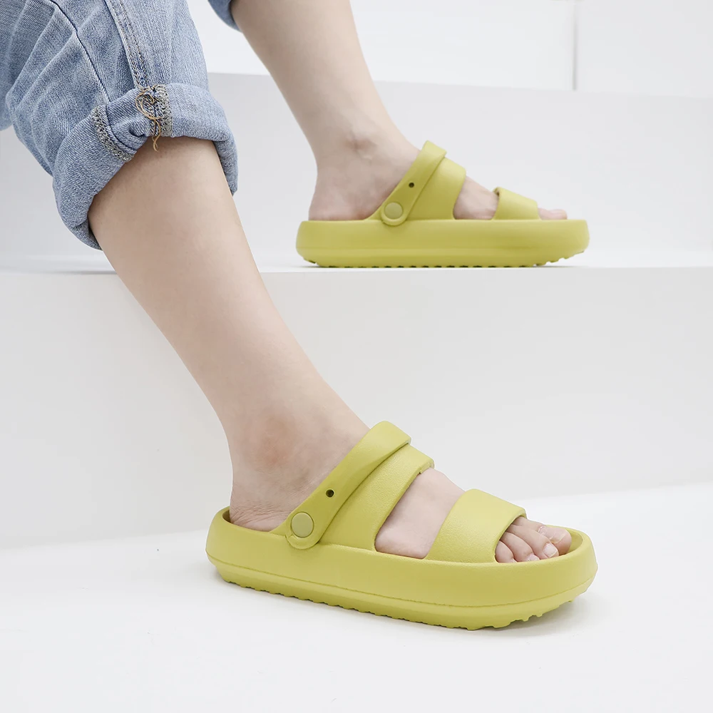 Hot Selling Outdoor Double Strap Thick Bottom Flat Sandals Light Weight Pure Color Indoor Eva Slides For Women