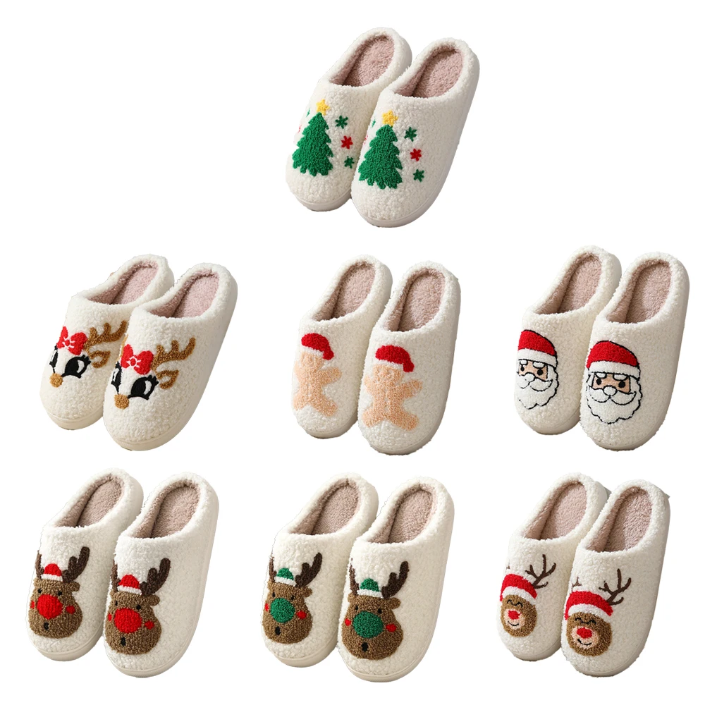 Christmas Elk Gingerbread Man Festivals Slipper Unisex Slip on Plush Flat Slipper Fur Home Slippers for Women Lady