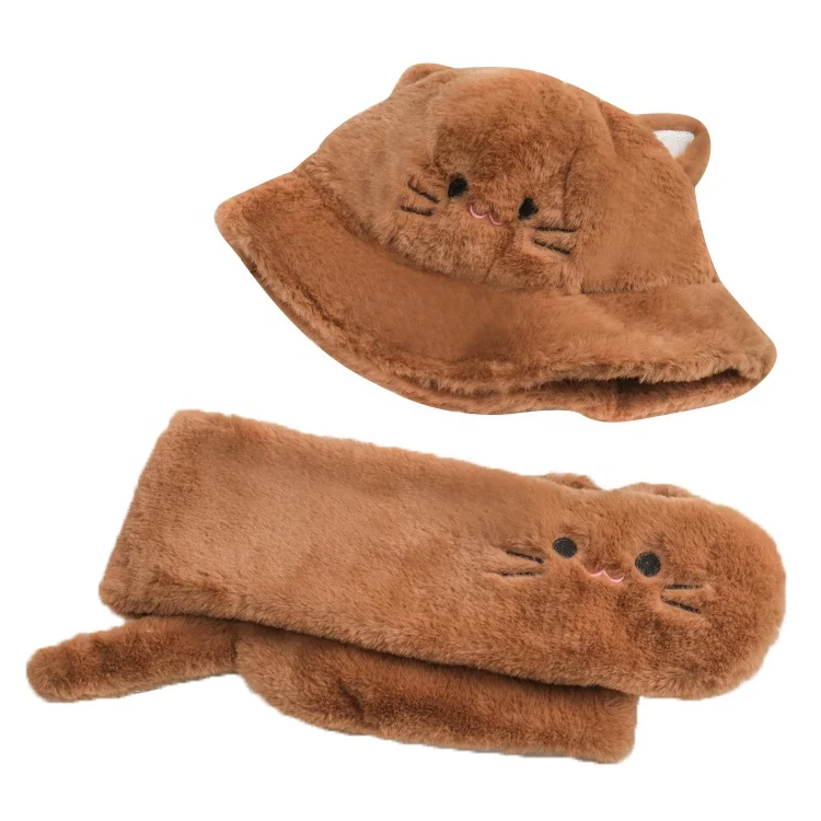 Милая детская шапка котенок с маленькими ушками и шарфом из искусственного меха для мальчиков и девочек детская зимняя плотная теплая Панама для детей