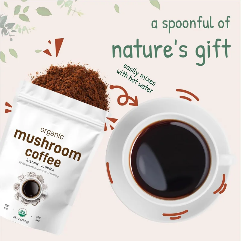 Organic Mushroom Coffee Powder Brain Booster Reishi Lions Mane Mushroom Extract Blend Instant Coffee Powder