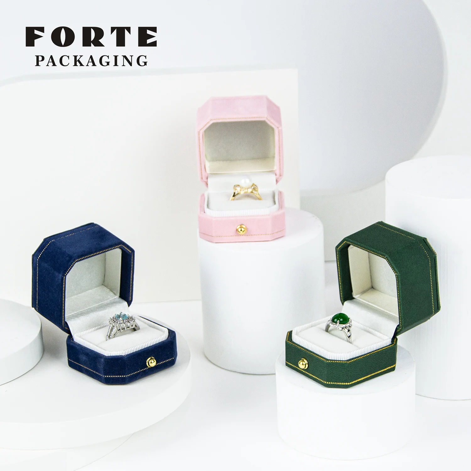 FORTE velvet hot sale costom Ring Box paper Jewelry Gift Case jewelry bag Octagonal Ring Bearer Box with logo