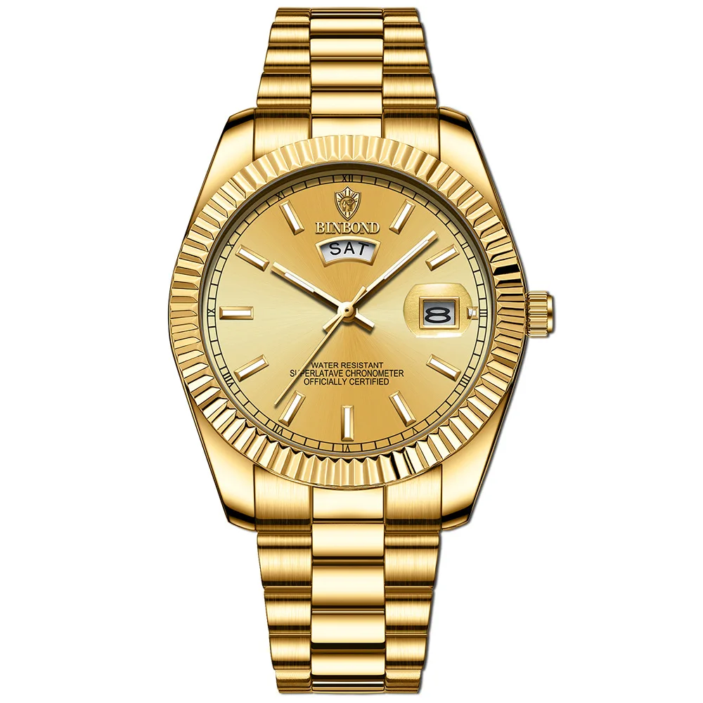Montre de luxe BINBOND 7012 новые мужские часы на заказ со стальным ремешком водонепроницаемые классические часы с двойным календарем светящиеся мужские часы