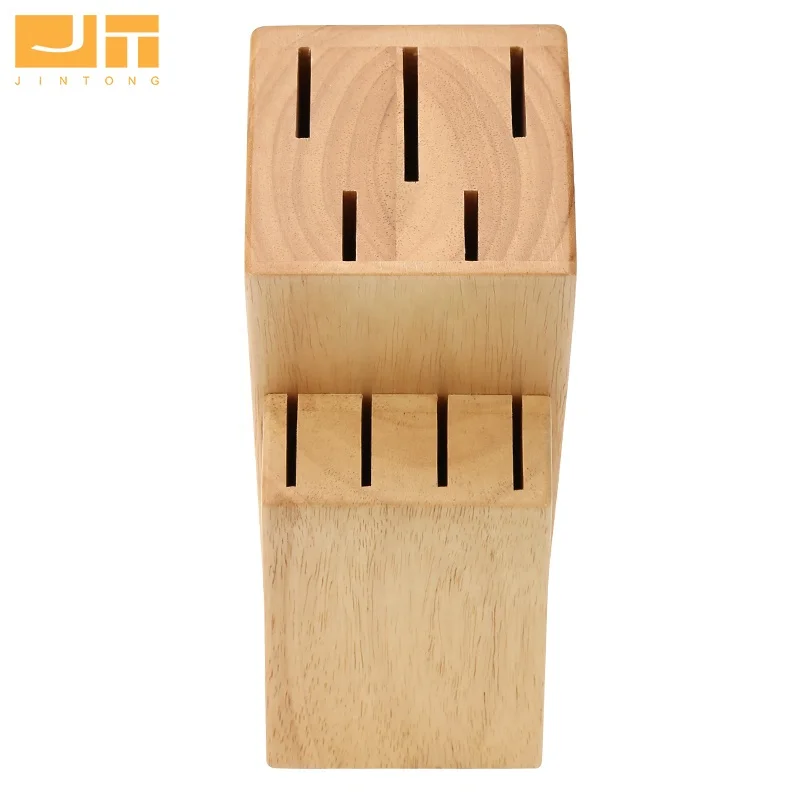 Factory Rubber Wood 9 Slots Knife Holder Surface Curved Bevel Kitchen Knife Storage Block Organizer