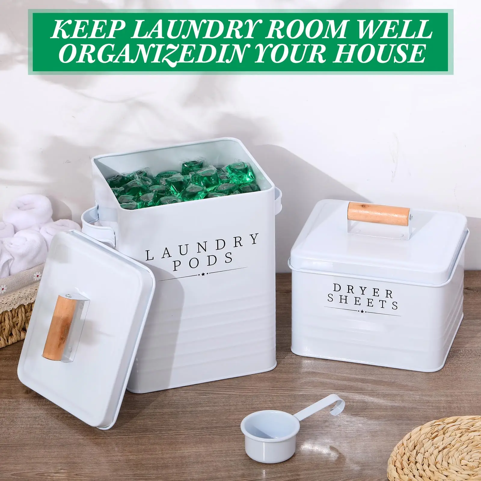 Laundry Room Storage Box with Lid Metal Laundry Dryer Sheet Dispenser 2 Pcs Laundry Pods Container with Dryer Sheet Holder