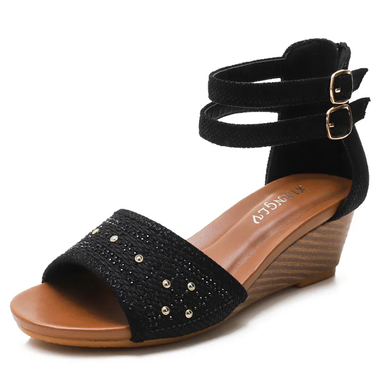 1W0008 High quality high wedge heel women sandals diamond Bohemian webbing belt fashion casual sandals for women and ladies