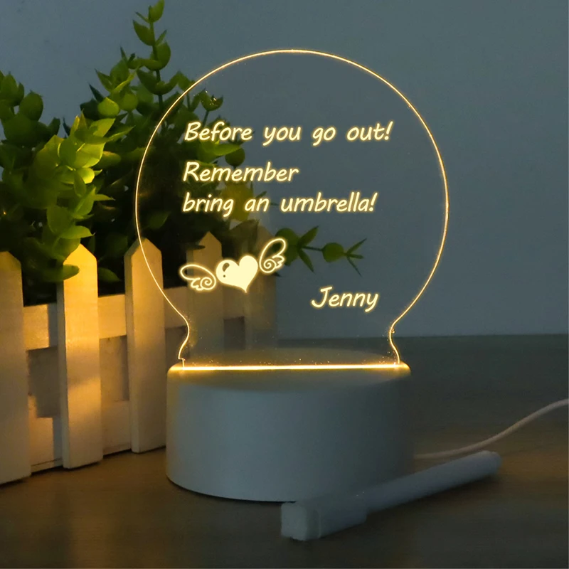 Blank Acrylic Writing Dry Erase Message Board 3D Led Night Light Lamp Round Base Illuminate Note Board with Pen
