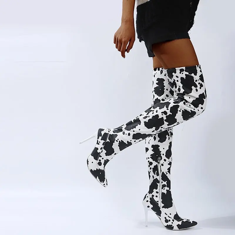 XINZI RAIN Western Women Long Boots Animal Print PU Leather 6-8cm Stiletto Heel Thigh High Women Over Knee Boot