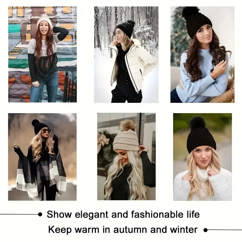 Beanie Hat With Long Wavy Curly Hair Extensions Knit Beanie Winter Warm Hat Synthetic Wig Detachable Hairpiece Warm Pom
