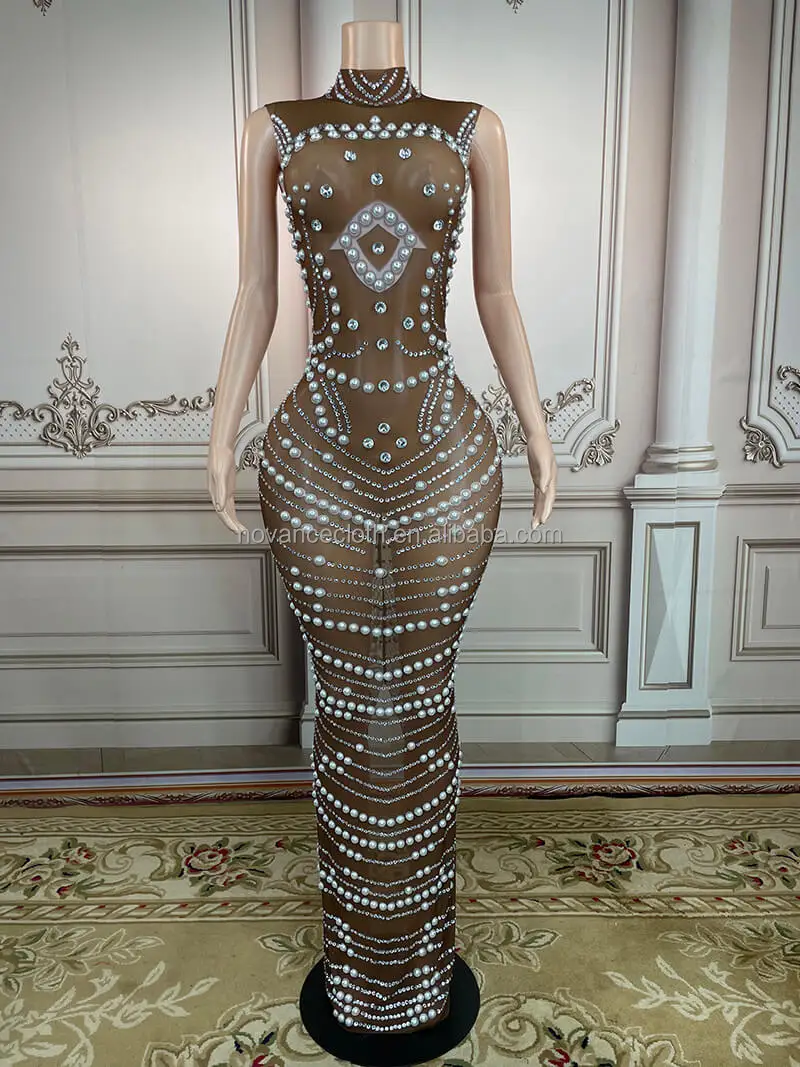 Novance Y2496 Fashion Items Handmade Beaded Diamond Crystal Xxx Sexy Sequin Bodycon Summer Dress See Through Outfits For Women