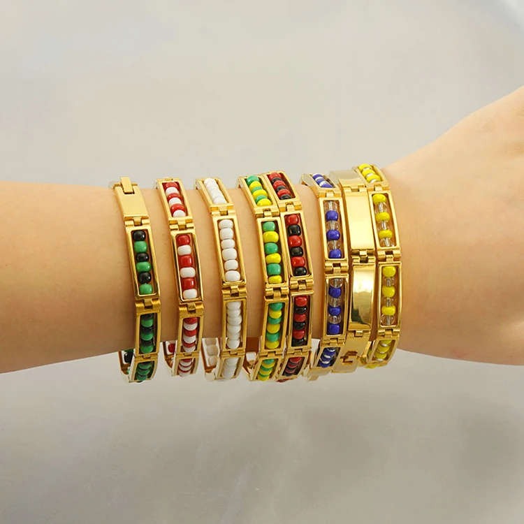 H015 Wholesale pulseiras pulsera mujer orula PVD 18K Gold Plated Stainless Steel Bijouterie Colorful beaded Bracelets for women
