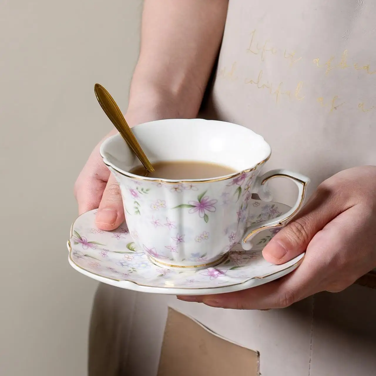 Vintage European floral English coffee cup set, luxurious porcelain cup with gold frame, afternoon tea with tea saucer