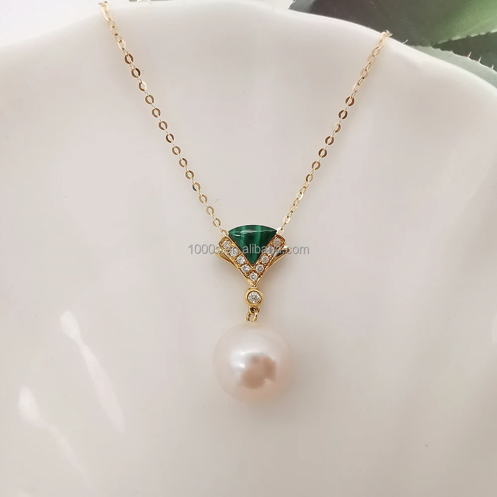 Fresh Pearl Pendant Real Gold Necklace 18K Solid Rose Gold Jewelry Natural Diamond Malachite Necklace
