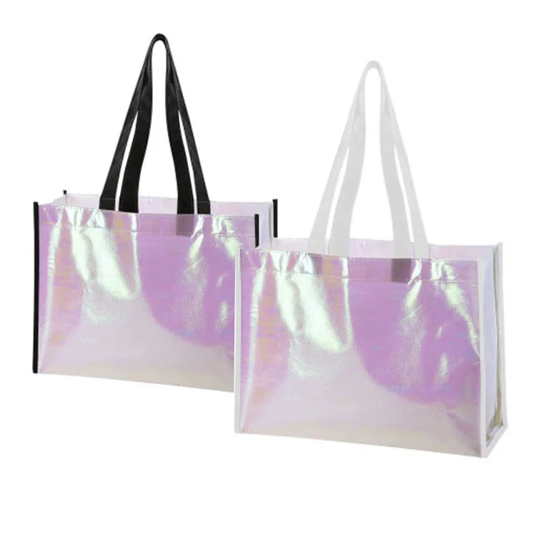 Worthfind Custom Pink Heavy Duty Extra Large Metallic Iridescent Holographic Laser Reusable Sewing Non Woven Tote Shopping Bag