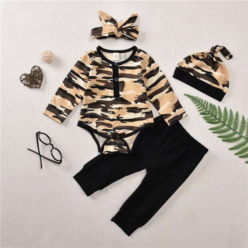 
Baby boy Clothes Newborn Infant Letter Rompers Long Sleeve Tops camouflage Pants Headband Outfits bebes 