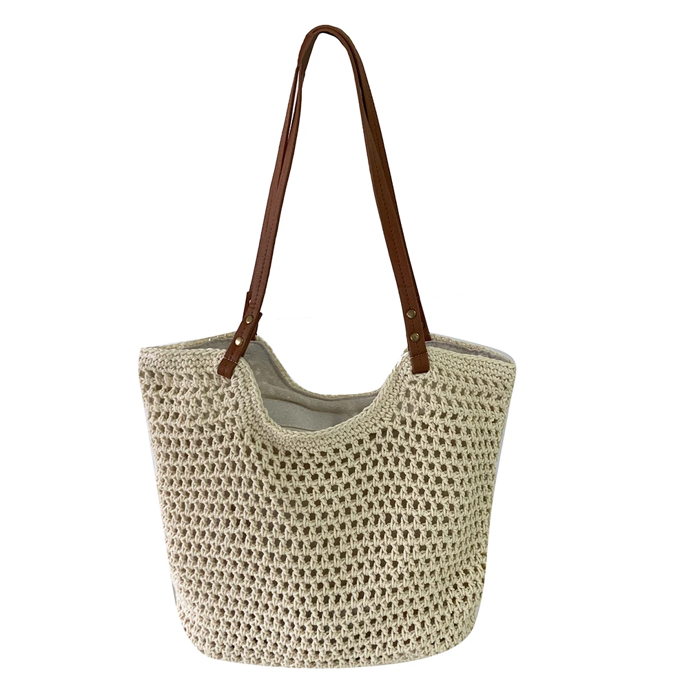 Hollowed Holiday Style Natural Weave Straw Bag Durable Large- Capacity Woven Handle Knit Handbag for Young Girls