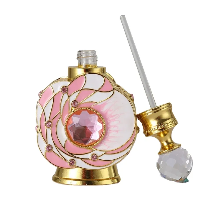 Wholesale Luxury Pink Gem Metal 12ml Arabic Attar Dropper Oil Perfume Bottle Dubai