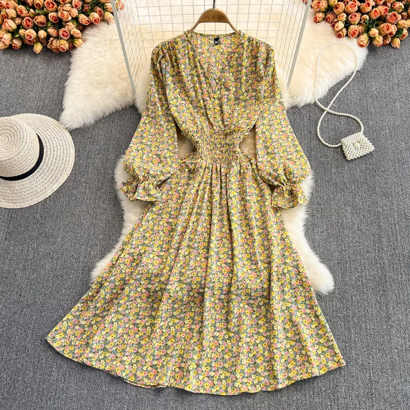 R30442S 2022 Small floral long skirt spring and summer fashion new style gentle wind waist slimming V-neck chiffon dress women