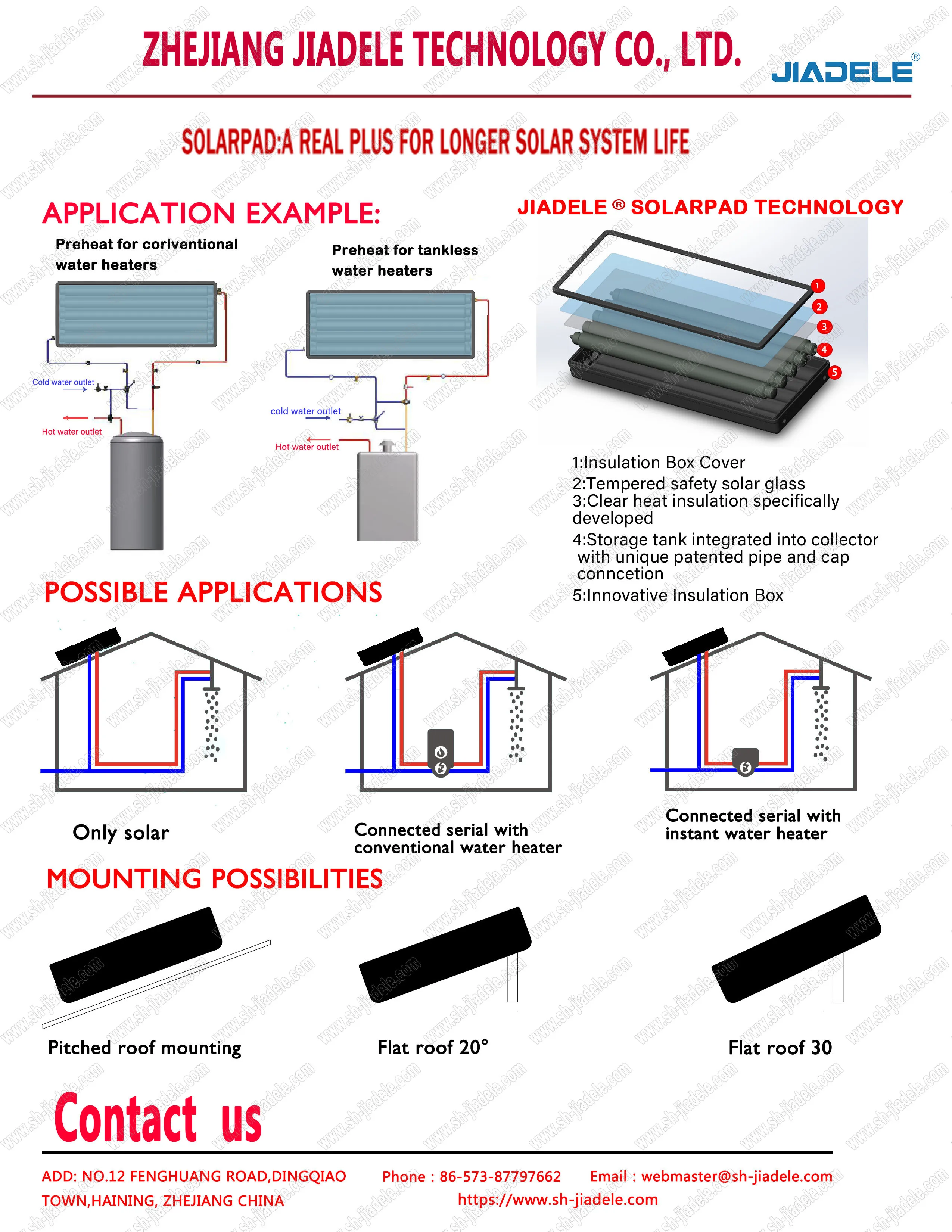 JIADELE  Pressurized rooftop tankless flat plate solar water heater Sunpad geyser compact water solar heater for home